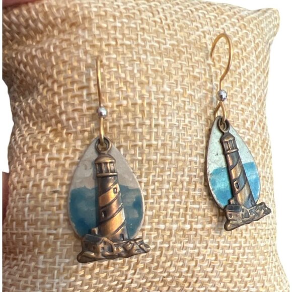 Nautical Lighthouse Dangle Earrings Layered Turquoise Blue Enamel Coastal 1.5" - Picture 1 of 5